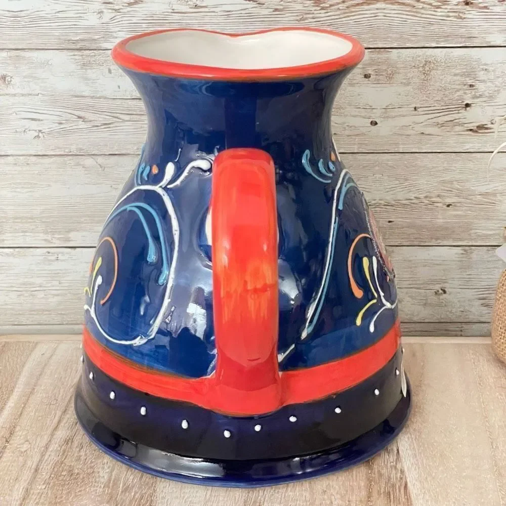 NWT Cerámicas Anoru S.L. Blue Red Hand Painted Ceramic Pitcher Made in Spain
